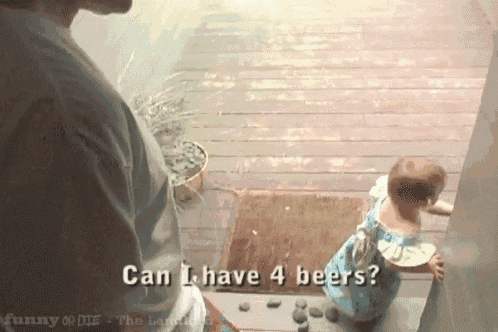 a little girl is asking a man if she can have 4 beers