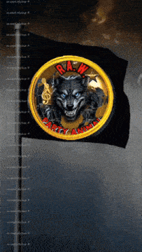 a black flag with a picture of a wolf and the words raw party animal on it