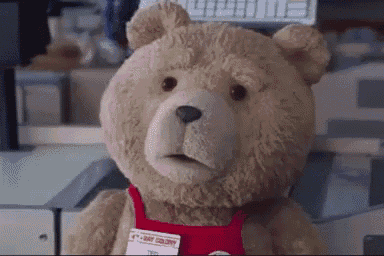 a teddy bear wearing a red apron and a name tag that says ted .