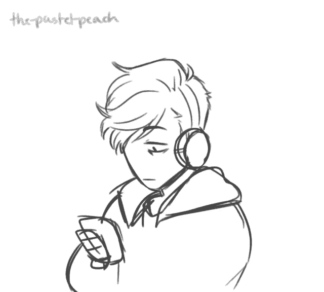 a black and white drawing of a person wearing headphones and a cell phone