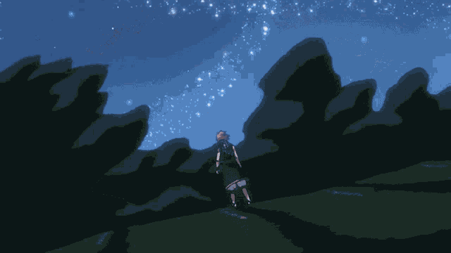 a drawing of a person standing on a hill under a starry sky