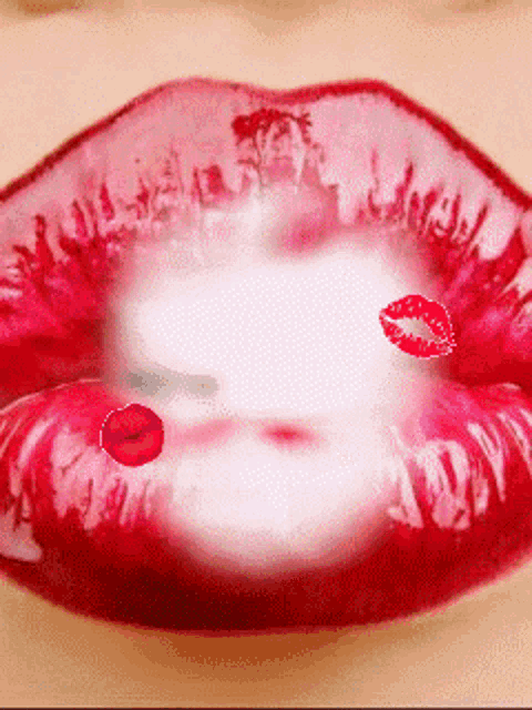 a close up of a woman 's red lips with a kiss coming out of them