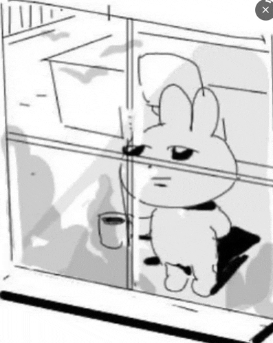 a black and white drawing of a bunny holding a cup of coffee looking out a window .