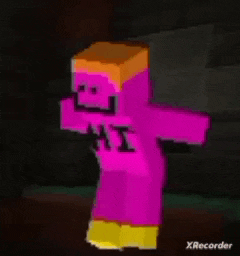 a pink minecraft character is wearing a pink shirt that says hi .