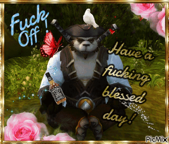 a panda bear holding a bottle of jack daniels
