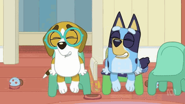 two cartoon dogs wearing glasses are sitting next to each other in a room .