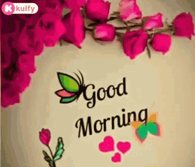 a good morning card with pink flowers and hearts