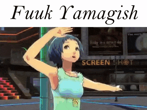 a girl in a blue dress is dancing in front of a screen shot sign