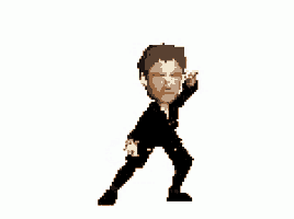 a cartoon man in a suit is walking on a white background and making a funny face .