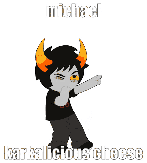 a cartoon character with horns is dancing with the words michael karkalicious cheese below him