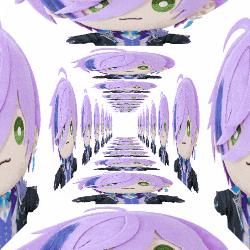 a person with purple hair and green eyes is laying down