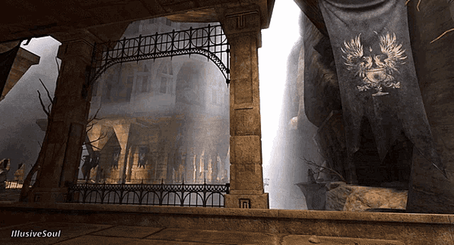 a computer generated image of a castle with illusive soul written on the bottom right