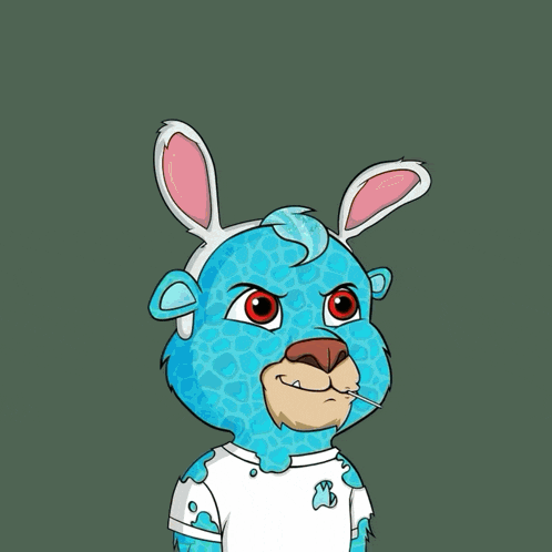 a cartoon drawing of a blue bear with bunny ears