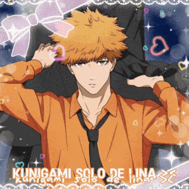 a picture of a man in an orange shirt and tie with kunigami solo de lina written on the bottom