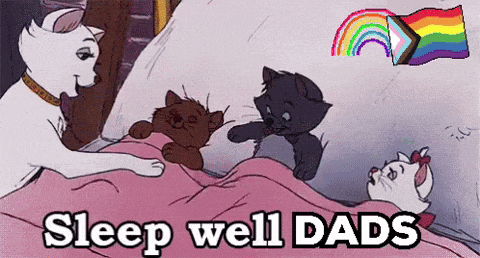 a cartoon of cats laying on a bed with the words sleep well dads