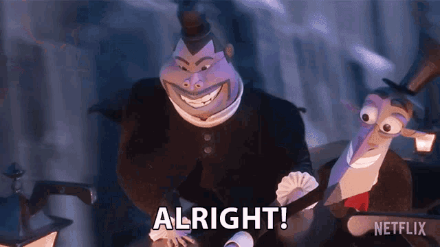 a cartoon character says alright while holding a card