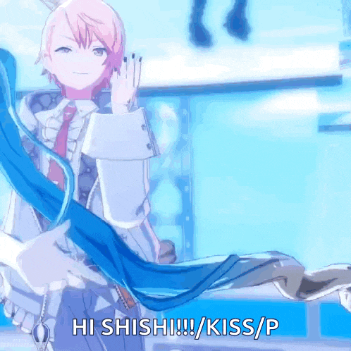 a girl with pink hair is holding a blue ribbon and says hi shish !! kiss / p .