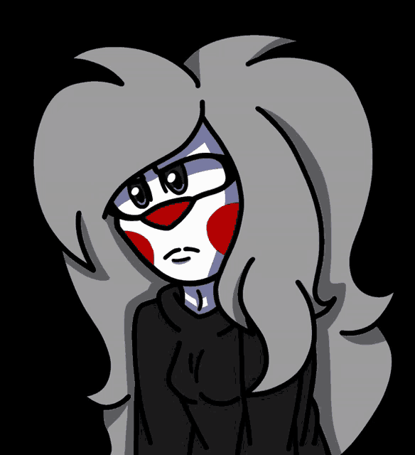 a cartoon drawing of a girl with gray hair and red spots on her face