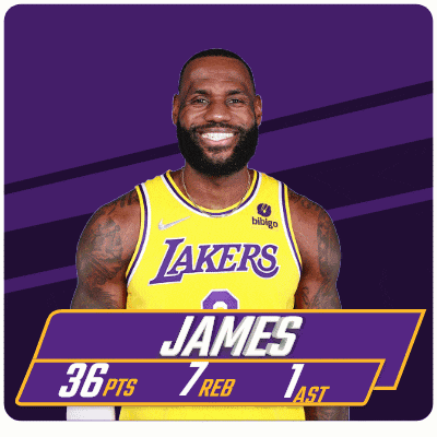lebron james is wearing a lakers jersey and has 36 points and 7 rebounds