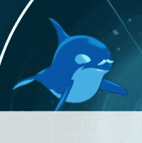 a blue killer whale is on a blue background with the words info below it