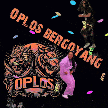 a man and woman are dancing in front of a sign that says oplos