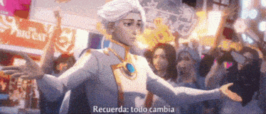 a cartoon character is standing in front of a crowd with his arms outstretched and says recuerdo : todo cambia .