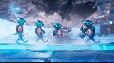 a group of aliens wearing sunglasses are walking in a line