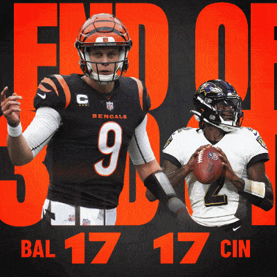 a bengals football player holding a ball next to a ravens player holding a ball