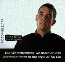 a picture of a man with the words " the waterbenders we more or less matched them to the style of tai chi "
