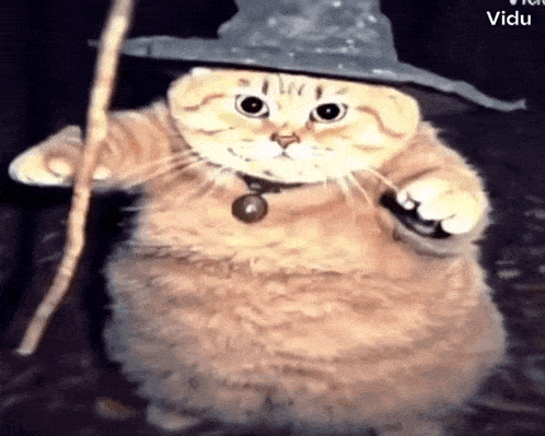 a cat is wearing a wizard costume and holding a cane .