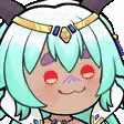 a close up of a cartoon character with horns and a necklace on her head .