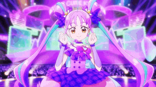 a girl with purple hair and a purple dress stands in front of a sign that says " come in "