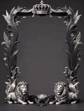 a picture frame with two lions and a crown on the top