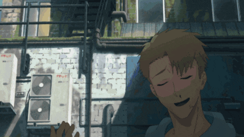 a man with his eyes closed is smiling in front of a building with a sign that says ' ff ' on it