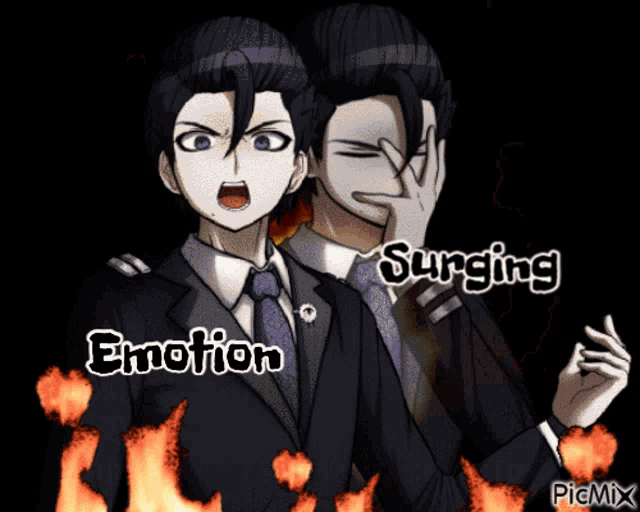 a man in a suit and tie is covering his face with his hand and the words emotion and surging are on the bottom