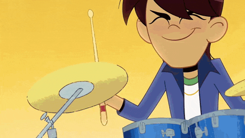 a cartoon boy is playing a drum set