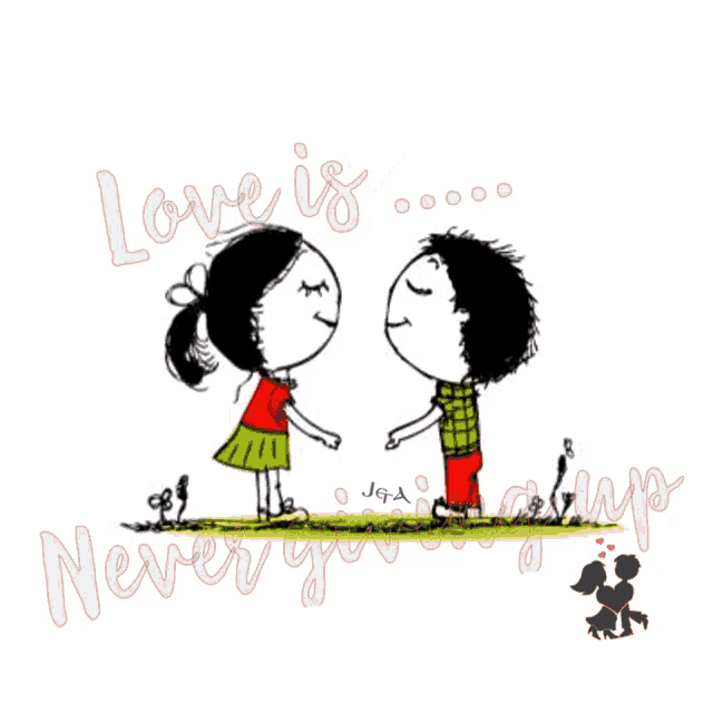 a drawing of a boy and a girl kissing with the words love is never giving up