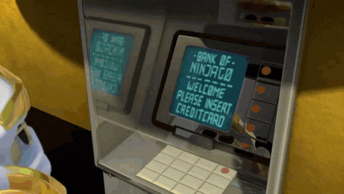 an atm machine that says bank of ninjago welcome please insert creditcard on it