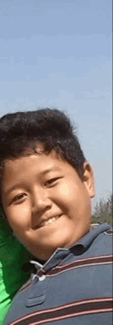 a young boy wearing a striped shirt is smiling for the camera .