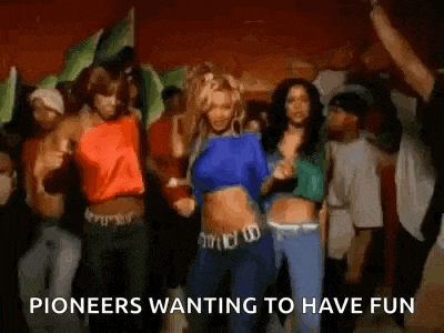 a group of people are dancing in a club with the words `` pioneers wanting to have fun '' written above them .