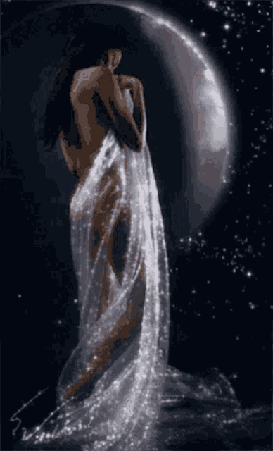 a naked woman is wrapped in a white cloth and standing in front of a full moon .
