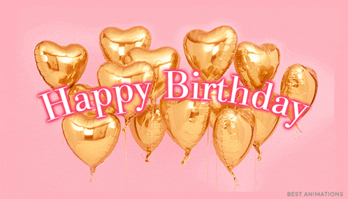 a bunch of gold heart shaped balloons saying happy birthday on a pink background