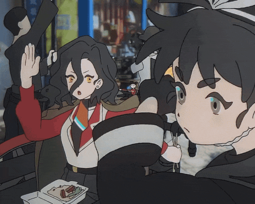 a couple of anime characters standing next to each other with one holding a sandwich