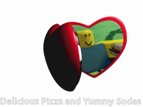 a heart shaped picture frame with the words delicious pizza and yummy sodas at the bottom