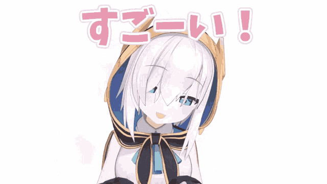 a girl with white hair and blue eyes is wearing a hooded cape and says ' s ' in pink letters