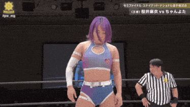 a female wrestler with purple hair stands in front of a referee
