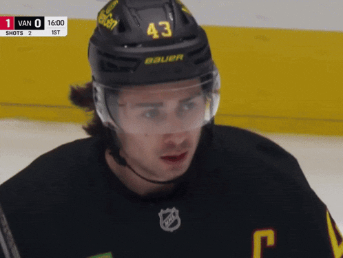 a hockey player wearing a helmet that says 43 on it