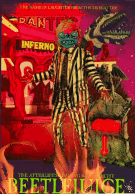a poster for the movie beetlejuice shows a clown in a striped suit
