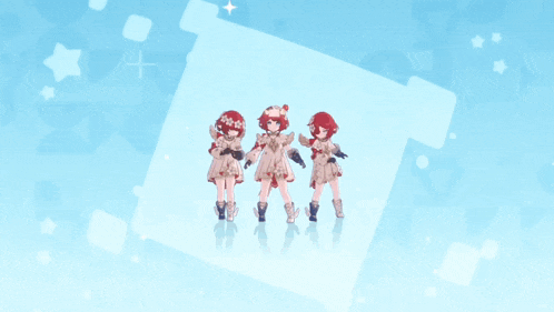 three cartoon girls are dancing in front of a red pen