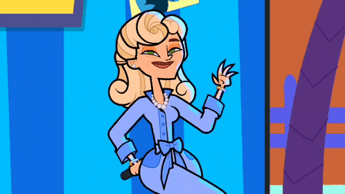 a cartoon drawing of a woman in a blue suit holding a microphone